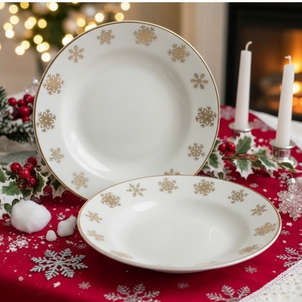 Gibson Celebration Salad Bowls, Set of 2, Vintage Gold Snowflake Rim Dinnerware